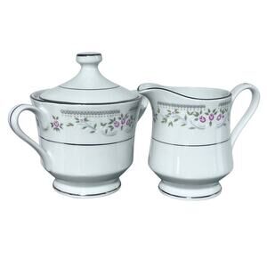 Elegance Japan Fine China Creamer & Sugar Bowl with Lid Silver Trim Floral VTG